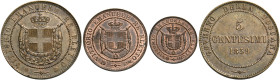 Savoia. Lotto di tre monete. 
Da 5 centesimi 1859 Birmingham. Pagani 445. Da 2 centesimi 1859 Birming­ham. Pagani 446. Centesimo 1859 Birmingham. Pag...