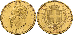 Savoia. Vittorio Emanuele II re d’Italia, 1861-1878. 
Da 100 lire 1872 Torino. Pagani 452. MIR 1076b. Friedberg 9. Molto rara. Spl