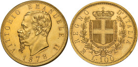 Savoia. Vittorio Emanuele II re d’Italia, 1861-1878.
Da 100 lire 1878 Torino. Pagani 453. MIR 1076c. Friedberg 9. Bordo leggermente ripreso. Rarissim...