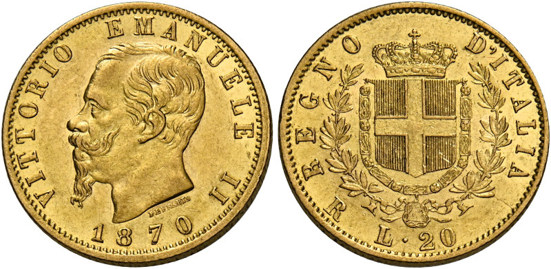 Savoia. Vittorio Emanuele II re d’Italia, 1861-1878. 
Da 20 lire 1870 Roma. Pag...