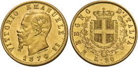 Savoia. Vittorio Emanuele II re d’Italia, 1861-1878. 
Da 20 lire 1870 Roma. Pagani 464. MIR 1078k. Friedberg 12. Rarissima. q.Spl

In slab NGC AU 5...