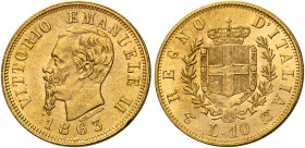 Savoia. Vittorio Emanuele II re d’Italia, 1861-1878. 
Da 10 lire 1863 Torino. ø 19 mm. Pagani 477a. MIR 1079c. Friedberg 15. Spl
