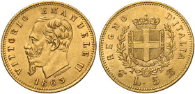 Savoia. Vittorio Emanuele II re d’Italia, 1861-1878. 
Da 5 lire 1863 Torino. Pagani 479. MIR 1080a. Friedberg 16. Migliore di Spl