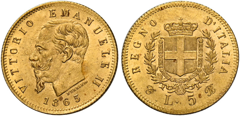 Savoia. Vittorio Emanuele II re d’Italia, 1861-1878. 
Da 5 lire 1865 Torino. Pa...