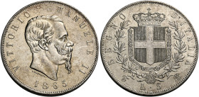 Savoia. Vittorio Emanuele II re d’Italia, 1861-1878. 
Da 5 lire 1865 Torino. Pagani 487. MIR 1082f. Rara. Più di Spl