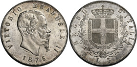 Savoia. Vittorio Emanuele II re d’Italia, 1861-1878. 
Da 5 lire 1876 Roma. Pagani 501. MIR 1082x. Fdc