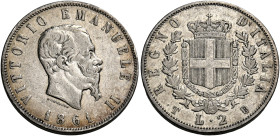 Savoia. Vittorio Emanuele II re d’Italia, 1861-1878. 
Da 2 lire 1861 Torino. Stemma. Pagani 504. MIR 1083a. Rarissima. BB