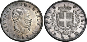 Savoia. Vittorio Emanuele II re d’Italia, 1861-1878. 
Da 2 lire 1863 Napoli. Stemma. Pagani 506. MIR 1083c. Bella patina di medagliere, Fdc