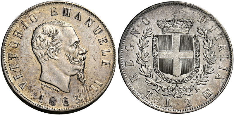 Savoia. Vittorio Emanuele II re d’Italia, 1861-1878. 
Da 2 lire 1863 Torino. St...