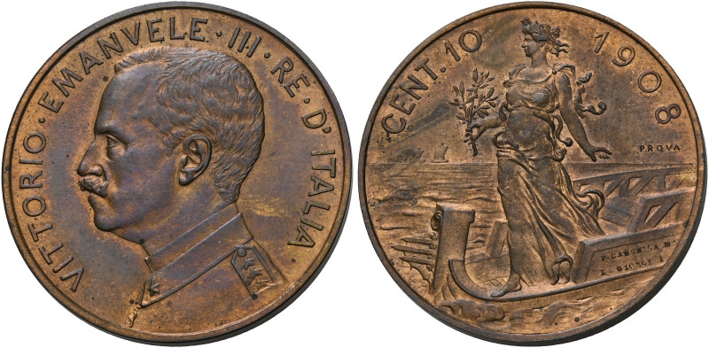 Vittorio Emanuele III re d’Italia, 1900-1946.
Da 10 centesimi 1908 prova. Pagan...