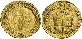 Bologna. Giovanni II Bentivoglio, 1494-1509. 
Ducato, AV 3,42 g. IOANNES BENTIVOLVS II BONONIEN Busto a d. con berretto. Rv. MAXIMILI – ANI MVNVS. St...