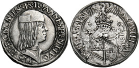 Bologna. Giovanni II Bentivoglio, 1494-1509. 
Quarto, AR 9,55 g. IOANNES BENTIVO – LVS II BONONIEN SIS Busto a d. con berretto. Rv. MAXIMILIANI – IMP...