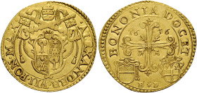 Bologna. Alessandro VII (Fabio Chigi), 1655-1667. 
Quadrupla 1656, AV 13,12 g. ALEXANDER VII PON MAX Stemma sormontato da triregno e chiavi decussate...