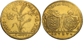 Bologna. Pio VI (Giovanni Angelo Braschi), 1775-1799. 
Da 4 doppie romane anno XIII/1787, AV 21,86 g. PIVS VI PONT – MAX AN XIII Pianta di giglio; al...