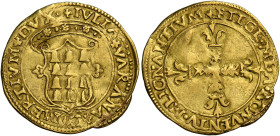 Camerino. Giulia Varano duchessa, 1527-1534. 
Scudo, AV 3,28 g. IVLIA VARANA CAMERTIVM DVX Stemma coronato con volute ai lati. Rv. + PTEGE ME A CONVE...