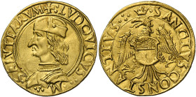 Carmagnola. Ludovico II di Saluzzo, 1475-1504. 
Doppio ducato, AV 6,88 g. + LVDOVICVS M – SALVTIARVM Busto corazzato a s., con berretto. Rv. SANCTVS ...