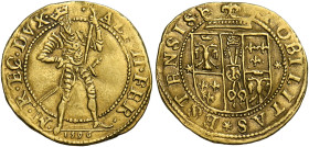 Ferrara. Alfonso II d’Este, 1559-1597. 
Ongaro 1596, AV 3,45 g. ALF II FER – M R EC’ DVX Il duca stante in armatura, con scettro nella s.; all’esergo...