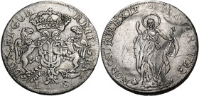 Genova. Serie della III fase: 1637-1797. 
Da 8 lire 1793, AR 33,11 g. DUX ET GUB – REIP GENU Stemma coronato sorretto da due grifoni; sotto, L – 8. R...