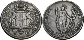 Genova. Serie della III fase: 1637-1797. 
Da 8 lire 1794, AR 33,00 g. DUX ET GUB – REIP GENU Stemma coronato sorretto da due grifoni; sotto, L – 8. R...