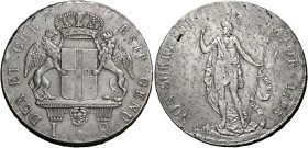 Genova. Serie della III fase: 1637-1797. 
Da 8 lire 1795, AR 33,02 g. DUX ET GUB – REIP GENU Stemma coronato sorretto da due grifoni; sotto, L – 8. R...