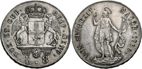 Genova. Serie della III fase: 1637-1797. 
Da 8 lire 1796 (1814), AR 33,30 g. DUX ET GUB – REIP GENU Stemma coronato sorretto da due grifoni; sotto, L...