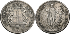 Genova. Serie della III fase: 1637-1797. 
Da 4 lire 1795, AR 16,62 g. DUX ET GUB – REIP GEN Stemma coronato sorretto da due grifoni; sotto, L – 4. Rv...