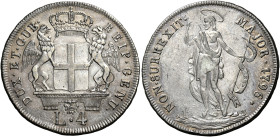 Genova. Serie della III fase: 1637-1797. 
Da 4 lire 1796 (1814), AR 16,60 g. DUX ET GUB – REIP GEN Stemma coronato sorretto da due grifoni; sotto, L ...