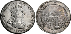 Livorno. Cosimo III de’Medici, 1670-1723. 
Tollero 1704, AR 27,04 g. COSMVS III D G MAG DVX ETRVRIAE VI Busto radiato e drappeggiato a d; sotto, nel ...