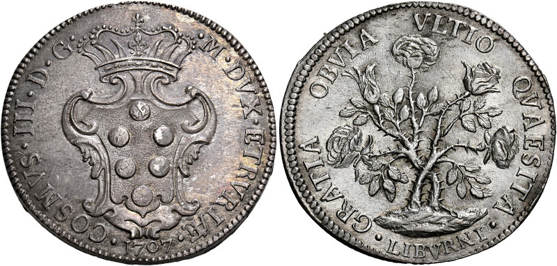 Livorno. Cosimo III de’Medici, 1670-1723. 
Pezza della rosa 1707, AR 25,88 g. C...