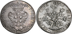 Livorno. Cosimo III de’Medici, 1670-1723. 
Pezza della rosa 1707, AR 25,88 g. COSMVS III D G – M DVX ETRVRIÆ Stemma sor­montato da corona granducale;...