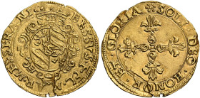 Messerano. Besso Ferrero Fieschi, 1559-1584. 
Scudo, AV 3,28 g. BESSVS F FL MAR MESSERANI Stemma coronato. Rv. SOLI DEO HONOR ET GLORIA Croce gigliat...