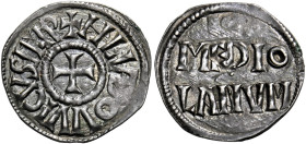 Milano. Ludovico il Pio imperatore e re d'Italia, 814-840. 
Denaro 819-822, AR 1,57 g. + HLVDOVVICVS IMP Croce patente. Rv. MEDIO / LANVM nel campo. ...