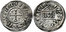 Milano. Ludovico II imperatore e re d’Italia, 844-875. 
Denaro, AR 1,68 g. + HLVDOVICVS IMP. Croce patente accantonata da quattro globetti. Rv. + XPI...