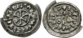 Milano. Berengario I imperatore, 915-924. 
Denaro scodellato, AR 1,30 g. BERENGARIVS IMP Cristogramma Chi Ro. Rv. XPISTIANA RELICIO Nel campo, su tre...