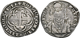 Milano. Azzone Visconti, 1329-1339. 
Grosso da 2 soldi, AR 2,84 g. + A3O VICECOMES MEDIOLANVM Croce gigliata entro cornice quadrilobata con trifogli ...