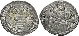 Milano. Gian Carlo Visconti, 1412. 
Grosso da 2 soldi, AR 2,39 g. +IOHA N NES: KAROLVS VICECOMES MLI 3C Biscia viscontea entro cornice quadrilobata; ...