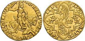 Milano. Filippo Maria Visconti, 1412-1447. 
Fiorino, AV 3,49 g. FILIPV’ M – ARIA A – NGLV’ Il duca in armatura, a cavallo verso d., con spada sguaina...