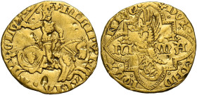 Milano. Filippo Maria Visconti, 1412-1447. 
Fiorino, AV 3,40 g. FILIPV’ M – ARIA A – NGLV’ Il duca in armatura, a cavallo verso d., con spada sguaina...