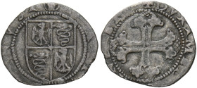 Milano. Massimiliano Sforza, 1512-1515. 
Sesino, Mist. 0,90 g. Testina di S. Ambrogio MAXIMILIANVS Stemma inquartato di aquila e biscia. Rv. + DVX ME...