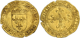 Milano. Francesco I re di Francia e duca di Milano, 1515-1522. 
Scudo del sole, AV 3,39 g. Testina di S. Ambrogio FRANCISCVS D G FRANCOR REX DVX M St...