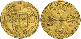 Milano. Francesco II Sforza, 1522-1525. 
Scudo del sole, AV 3,39 g. Sole – DVX MEDIOLANI ET C Stemma inquartato da aquila e biscia sormontato da coro...