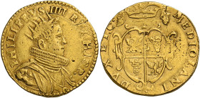 Milano. Filippo IV di Spagna, 1621-1665. 
Quadrupla, AV 13,12 g. PHILIPPVS IIII REX HISP Busto radiato, drappeggiato e corazzato a d., con colletto a...