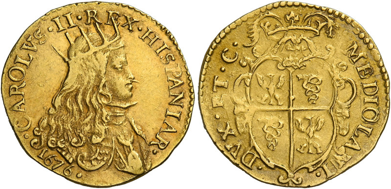 Milano. II periodo: re, 1676-1700. 
Doppia 1676, AV 6,62 g. CAROLVS II REX HISP...