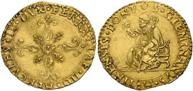 Modena. Ercole II d’Este, 1534-1559. 
Scudo del sole, AV 3,33 g. HERCVLES II DVX FERRARIAE IIII Croce fiorata accantonata da gigli. Rv. Sole S GEMINI...