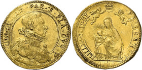 Parma. Odoardo Farnese, 1622-1646. 
Quadrupla, AV 13,00 g. ODOAR FAR PAR Έ PLA DVX V Busto corazzato a d., con colletto alla spagnola e mascherone su...