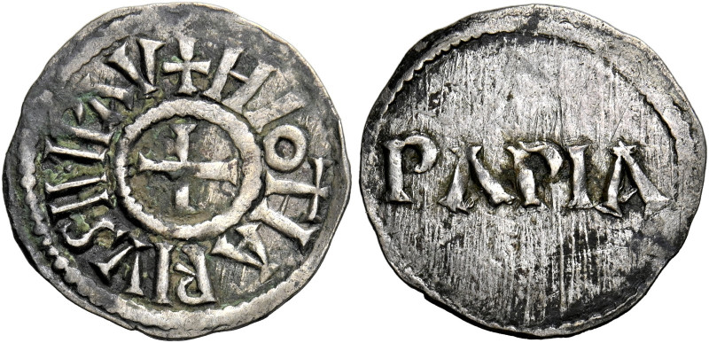 Pavia. Lotario I imperatore, 840-855. 
Denaro, AR 1,62 g. + HLOTARIVS IMP AV Cr...