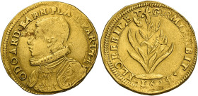 Piacenza. Odoardo Farnese, 1622-1646. 
Quadrupla 1624, AV 13,16 g. ODOARD FARN PLA [ET] PAR DVX V Busto corazzato a s., con colletto alla spagnola e ...
