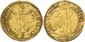 Reggio Emilia. Ercole II d’Este, 1534-1559. 
Scudo del sole, AV 3,25 g. REGII – LOMBARDIAE Stemma sormontato da sole. Rv. CVIVS CRVO – RE SANATI SVM ...