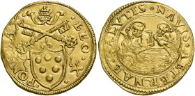 Roma. Leone X (Giovanni de’Medici), 1513-1521. 
Doppio fiorino di camera, AV 6,72 g. LEO X – PONT MAX Stemma sormontato da triregno e chiavi decussat...