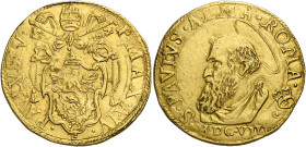 Roma. Paolo V (Camillo Borghese), 1605-1621. 
Quadrupla anno IV/1608, AV 13,42 g. PAVLVS V – P MAX A IV. Stemma sormontato da triregno e chiavi decus...